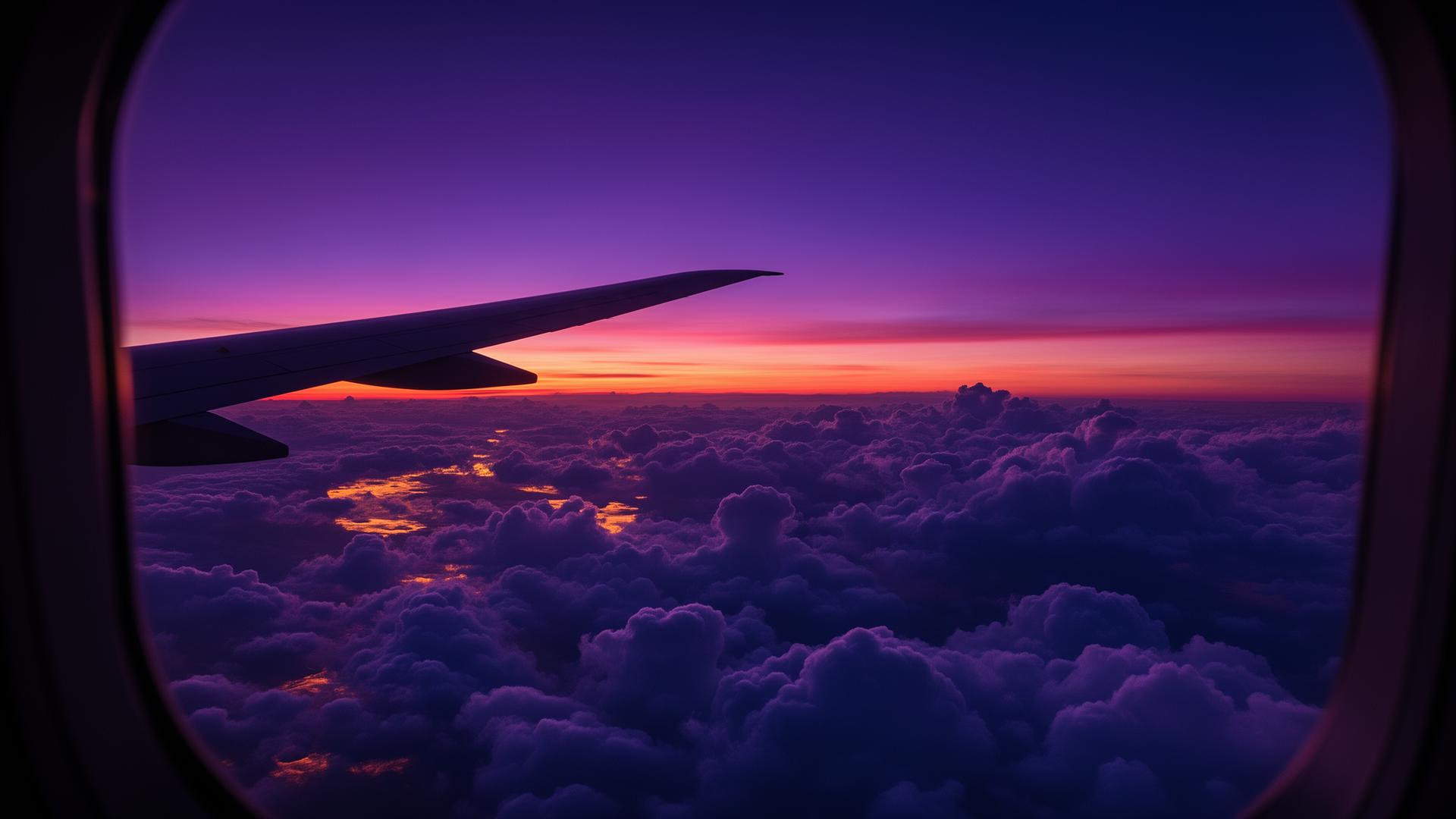 Airplane wing above the clouds during a purple twilight sunset